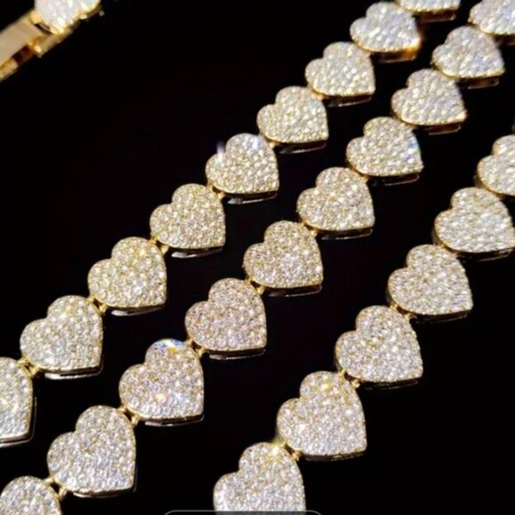 Gold Plated Heart Crystal Necklace Paved, Ice Out, Bling, Choker - Picture 11 of 14